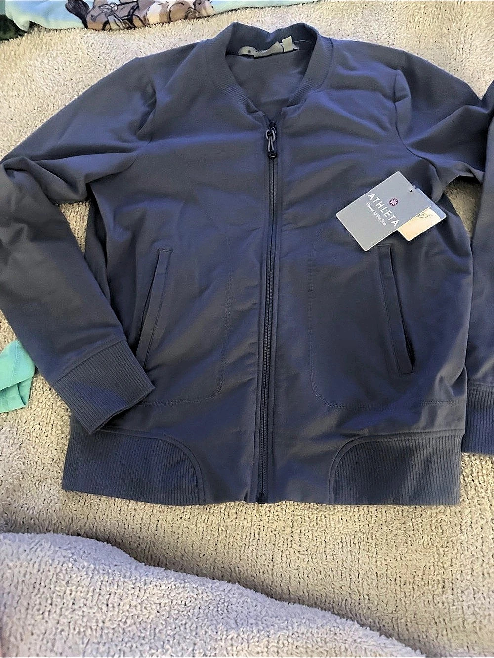 Athleta Lightweight Boggery Bomber Jacket in Blue gray. Size Medium NWT